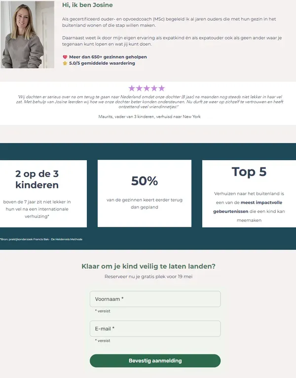 Coach Josine — 600× guide sold and 80 masterclass signups in week 1 — masterclass coachjosine lander proof